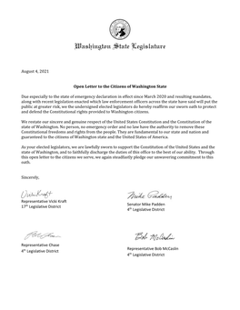 August 4, 2021 Open Letter to the Citizens of Washington State Due