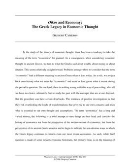 Oikos and Economy: the Greek Legacy in Economic Thought