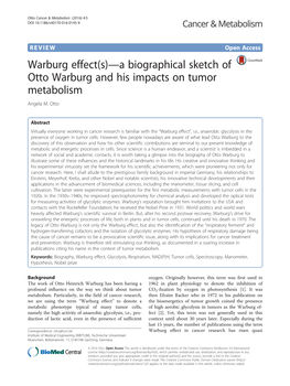 Warburg Effect(S)—A Biographical Sketch of Otto Warburg and His Impacts on Tumor Metabolism Angela M