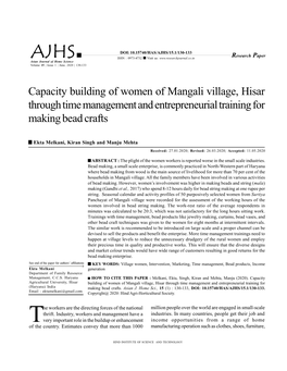 Capacity Building of Women of Mangali Village, Hisar Through Time Management and Entrepreneurial Training for Making Bead Crafts