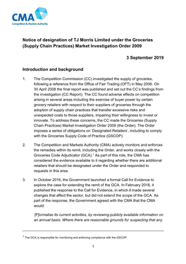 Notice of Designation of TJ Morris Limited Under the Groceries (Supply Chain Practices) Market Investigation Order 2009