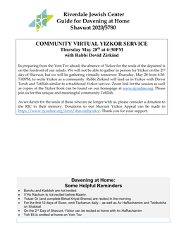 Riverdale Jewish Center Guide for Davening at Home Shavuot 2020/5780