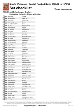 Set Checklist I Have the Complete Set 1958/59 A&BC Chewing Gum (English) Footballers, 2Nd Series (Planet, with Offer)