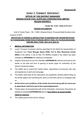 (Level-I Transport Contractor) OFFICE of the DISTRICT MANAGER ODISHA STATE CIVIL SUPPLIES CORPORATION LIMITED BOUDH DISTRICT