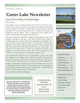 Carter Lake Newsletter Letter from Mayor Cumberledge Hello Citizens, Sweet Street Is Set for Tuesday, October 30Th from 5:30 to 7:00 Pm at the School