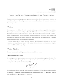 Vectors, Matrices and Coordinate Transformations