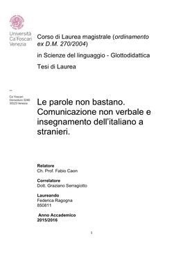 Le Parole Non Bastano. Comunicazione Non Verbale E Insegnamento Dell’Italiano a Stranieri