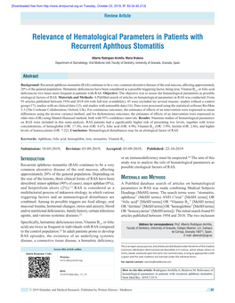 Relevance of Hematological Parameters in Patients with Recurrent Aphthous Stomatitis