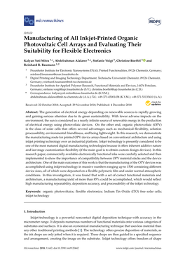 Manufacturing of All Inkjet-Printed Organic Photovoltaic Cell Arrays and Evaluating Their Suitability for Flexible Electronics