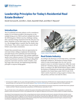 Leadership Principles for Today's Residential Real Estate Brokers1