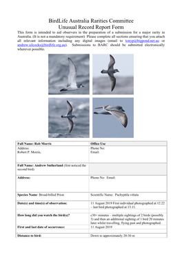 Birdlife Australia Rarities Committee Unusual Record Report Form