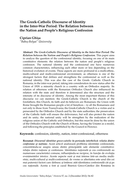 The Greek-Catholic Discourse of Identity in the Inter-War Period: the Relation Between the Nation and People’S Religious Confession