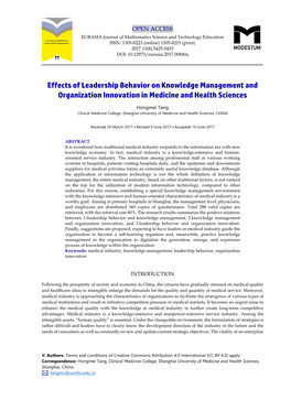 Effects of Leadership Behavior on Knowledge Management and Organization Innovation in Medicine and Health Sciences