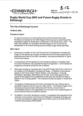 +GDINBVRGH+ the CITY of EDINBURGH COUNCIL Rugby World Cup 2003 and Future Rugby Events in Edinburgh