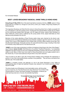 Best- Loved Broadway Musical Annie Thrills Hong Kong