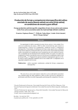 Producción De Forraje Y Competencia Interespecífica Del Cultivo Asociado De Avena (Avena Sativa) Con Vicia (Vicia Sativa) En Condiciones De Secano Y Gran Altitud