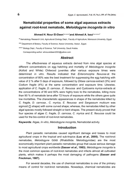 Nematicidal Properties of Some Algal Aqueous Extracts Against Root-Knot Nematode, Meloidogyne Incognita in Vitro