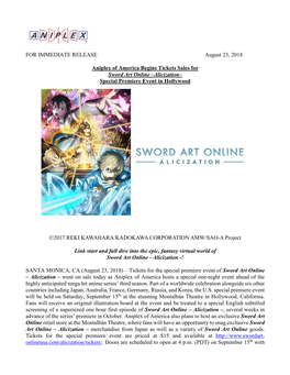 Aniplex of America Begins Tickets Sales for Sword Art Online –Alicization– Special Premiere Event in Hollywood
