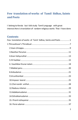 Few Translation of Works of Tamil Sidhas, Saints and Poets Contents