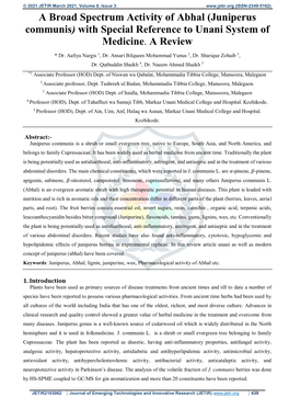 A Broad Spectrum Activity of Abhal (Juniperus Communis) with Special Reference to Unani System of Medicine