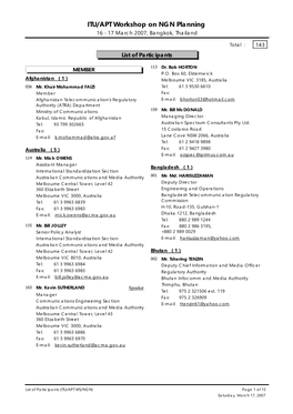 Provisional Participants (ITU/APT WS/NGN)