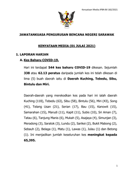 (01 JULAI 2021) 1. LAPORAN HARIAN A. Kes Baharu COVID-19