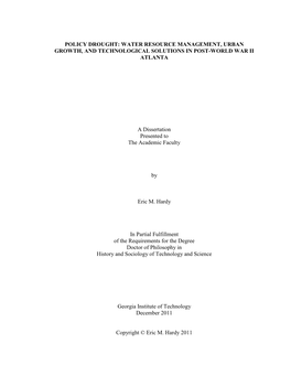 WATER RESOURCE MANAGEMENT, URBAN GROWTH, and TECHNOLOGICAL SOLUTIONS in POST-WORLD WAR II ATLANTA a Dissertation