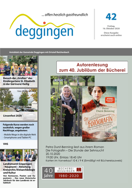 Mitteilungsblatt Deggingen Ist Das Amtsblatt Der Ge- Donnerstag, 22.10.2020 Iltishofweg 42, Göppingen Meinde Deggingen