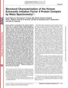 Structural Characterization of the Human Eukaryotic Initiation Factor 3 Protein Complex by Mass Spectrometry*□S