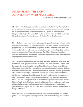 An Interview with Mary Laird Conducted by Kyle Schlesinger