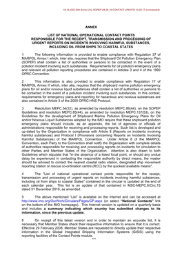 Annex List of National Operational Contact Points Responsible for the Receipt, Transmission and Processing of Urgent Reports On