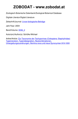 Zur Taxonomie Der Tachyporinae (Coleoptera: Staphylinidae)