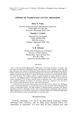 SPIDERS of WASHINGTON COUNTY, MISSISSIPPI Orrey P. Young Southern Field Crop Insect Management Laboratory USDA-ARS, P.O. Box