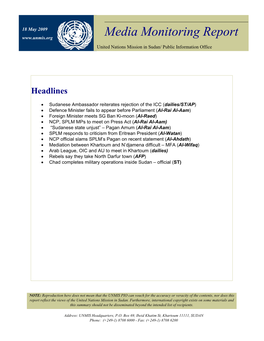 Media Monitoring Report United Nations Mission in Sudan/ Public Information Office