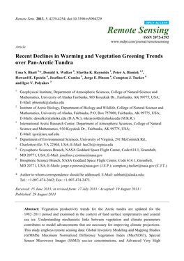 Recent Declines in Warming and Vegetation Greening Trends Over Pan-Arctic Tundra