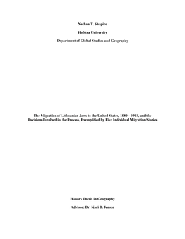 The Migration of Lithuanian Jews to the United States, 1880 – 1918, and the Decisions Involved in the Process, Exemplified by Five Individual Migration Stories