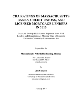 Cra Ratings of Massachusetts Banks, Credit Unions, and Licensed Mortgage Lenders in 2016