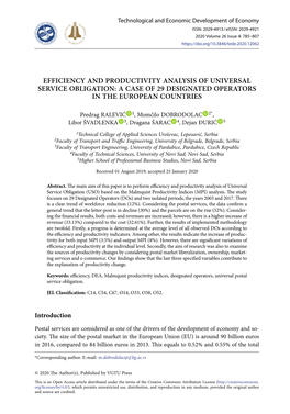 Efficiency and Productivity Analysis of Universal Service Obligation: a Case of 29 Designated Operators in the European Countries
