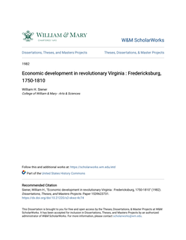 Economic Development in Revolutionary Virginia : Fredericksburg, 1750-1810