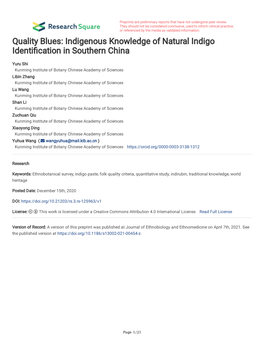Indigenous Knowledge of Natural Indigo Identi Cation in Southern China