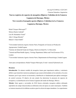 Nuevos Registros De Especies De Mosquitos (Diptera: Culicidae) De La Comarca