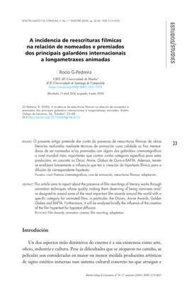 S TU D IES a Incidencia De Reescrituras Fílmicas Na Relación De Nomeados E Premiados Dos Principais Galardóns