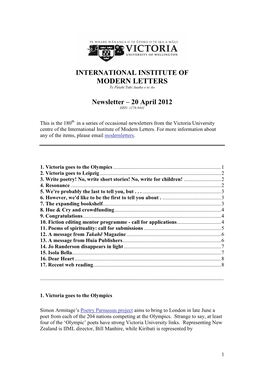 Newsletter – 20 April 2012 ISSN: 1178-9441