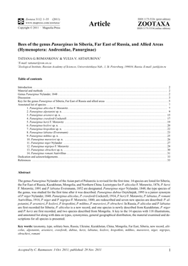 Bees of the Genus Panurginus in Siberia, Far East of Russia, and Allied Areas (Hymenoptera: Andrenidae, Panurginae)