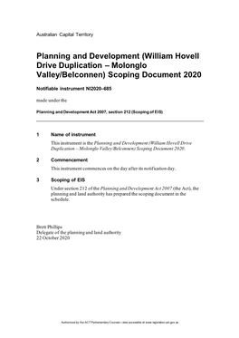 William Hovell Drive Duplication – Molonglo Valley/Belconnen) Scoping Document 2020