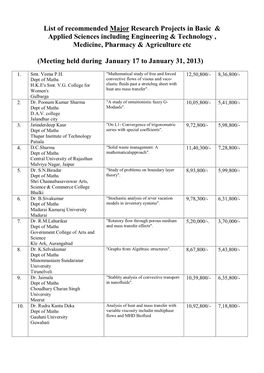 List of Recommended Major Research Projects in Basic & Applied Sciences Including Engineering & Technology , Medicine, Pharmacy & Agriculture Etc