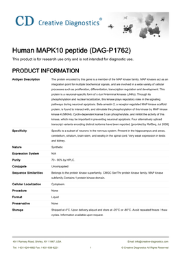 Human MAPK10 Peptide (DAG-P1762) This Product Is for Research Use Only and Is Not Intended for Diagnostic Use