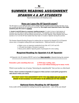 SUMMER READING ASSIGNMENT SPANISH 4 & AP STUDENTS Recommended Books with Reading Levels