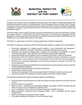 MUNICIPAL INSPECTOR with the DISTRICT of PORT HARDY