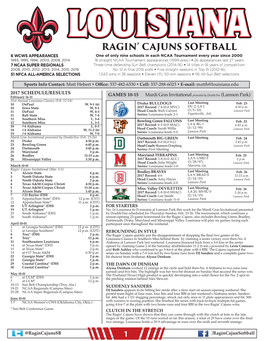 Ragin' Cajuns Softball Overall Statistics for Louisiana (As of Feb 22, 2017) (All Games Sorted by Batting Avg)